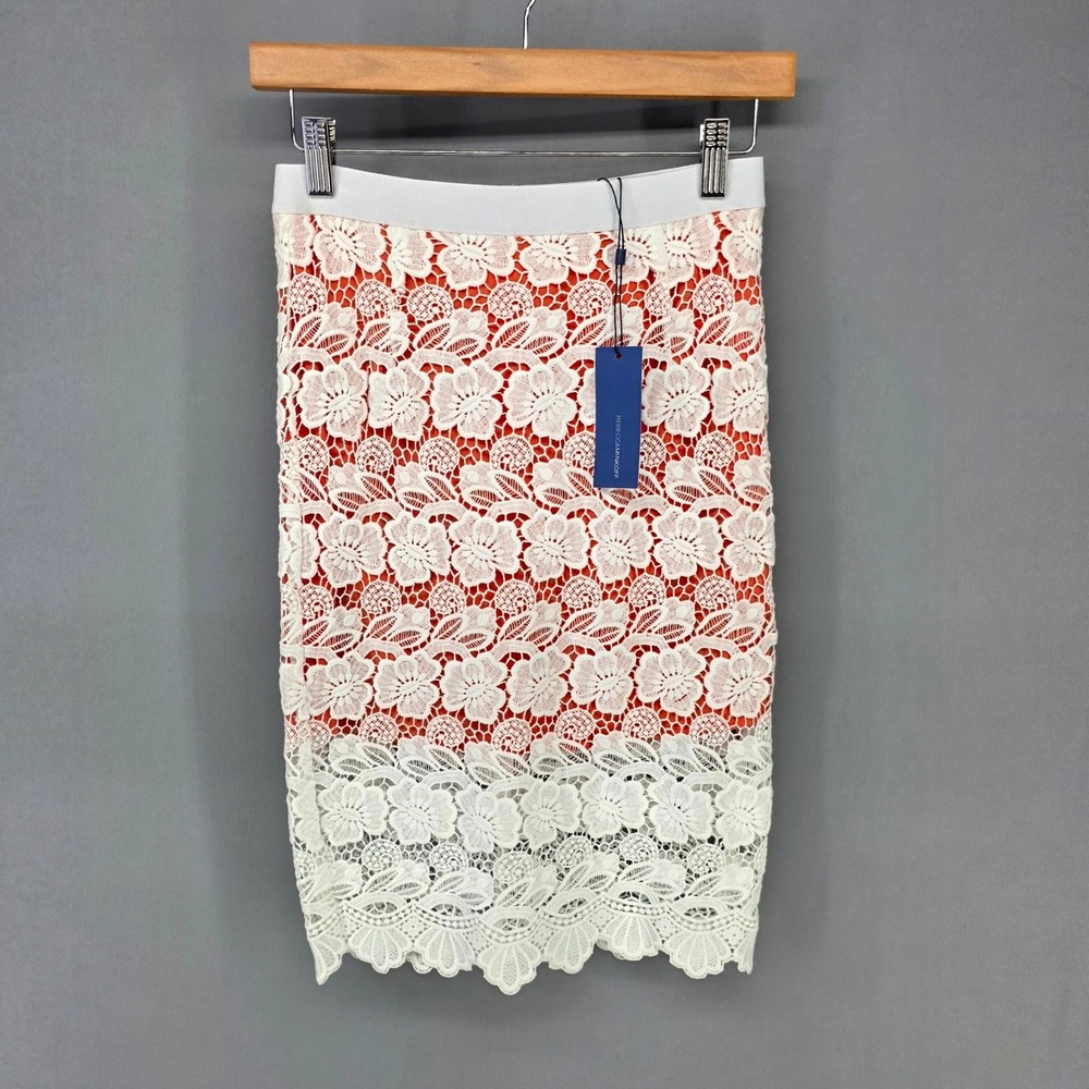 Rebecca Minkoff Angelica Skirt Womens 0 White Persimmon Lace Floral Pencil Skirt